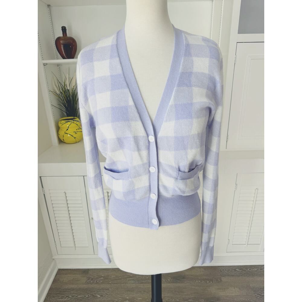 WISPR Light Purple Cotton Silk Buffalo Check Plaid Cropped Cardigan Sweater XS